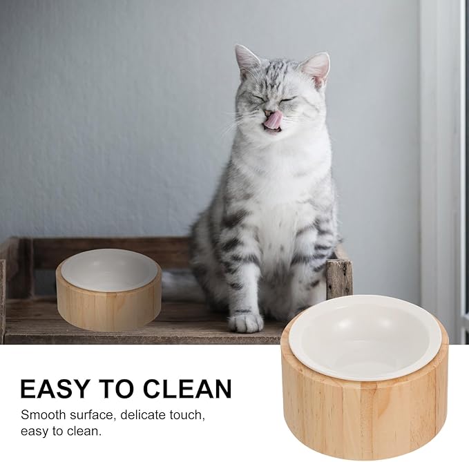 NUOBESTY Elevated Ceramic Cat Bowl with Wood Stand Anti-Vomiting Raised Pet Feeder Dish Round Single Bowl for Cat Feeding and Watering Spine Protection