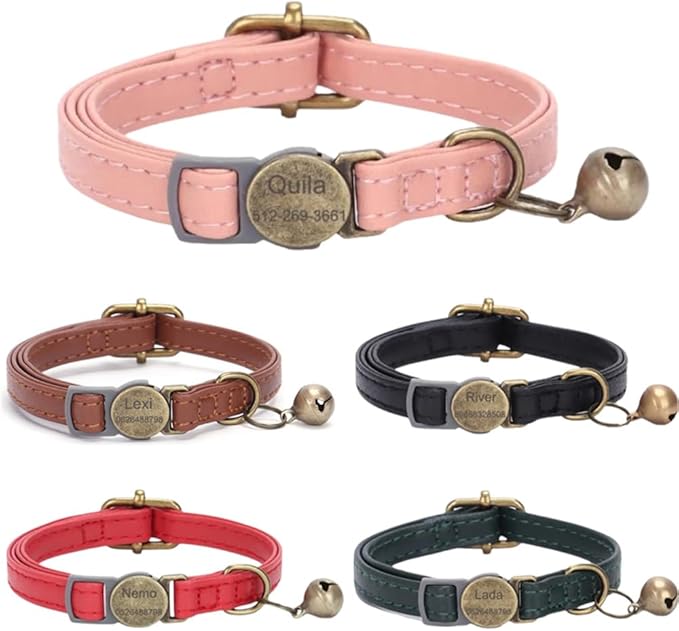 Vintage Style Leather Breakaway Cat Collar, Personalized Leather Cat Collar with Bells-Adjustable Customized Collar with Name & Phone Number Tag for Girl Boy Cats and Puppy（Pink
