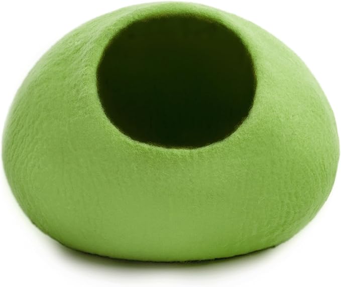 Woolygon Premium Felt Cat Cave Bed – Wool Kitty Beds Handcrafted Kitten Caves Bed for Indoor Cats - Made from Merino Wool, Foldable Cat Hideaway Covered Cat House Pod (Green Plain)