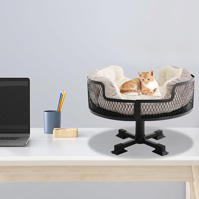 Desk Cat Bed, Stable Stainless Steel Cats Bed with Pad, Modern Pet Furniture Cat Nest, 22Lbs Capacity Desk Stand for Small & Medium Cats & Dog, for Living Room, Study Room, Office