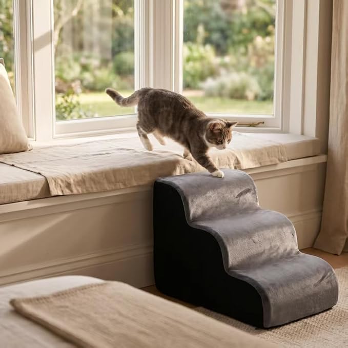 Dog Stairs for Small Dogs，35D Pet Stairs Steps 15” H with Durable Non-Slip Waterproof Fabric Cover, Slope Stairs to Bed for Small Dogs and Cats or Pets Joints, 3 Step Dog Ramp for Couch and Bed