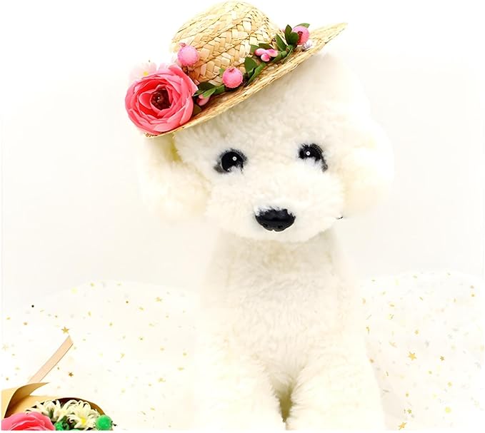 NACOCO Cat Hat Sunflower Straw Hat Handcrafted Rose Lovely Sun Cap Accessories for Small Dogs and Cats Photograph (M, Pink Rose)