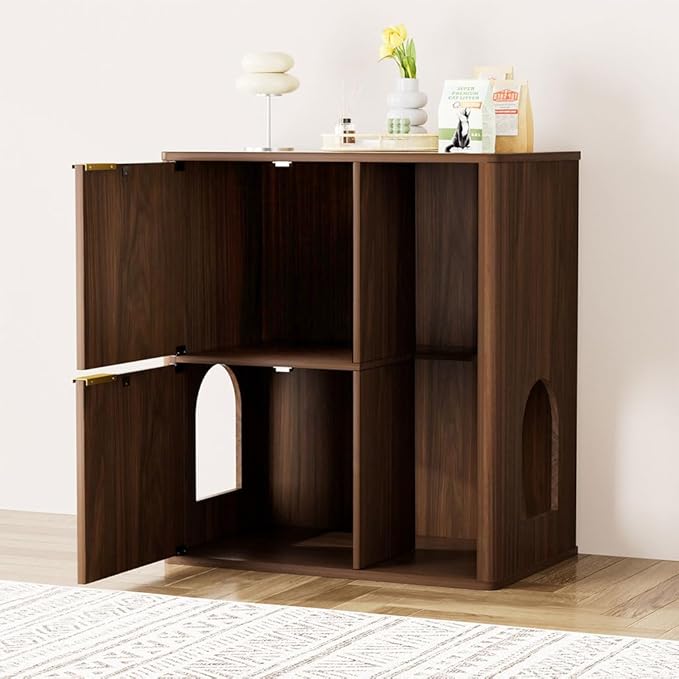 31.5" Cat Litter Box Enclosure Furniture, Fluted Hidden Litter Box Cabinet with Storage Shelf & Scratching Post, Wooden Cat House Side Table with Dual Entry Doors for Indoor Cats, Natural,Walnut