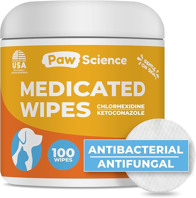 Paw Science Antibacterial & Antifungal Medicated Wipes for Dogs and Cats – 100 Count - Chlorhexidine Wipes with Ketoconazole for the Treatment of Rashes, Skin Infections, Itchy Paws, and Pet Acne