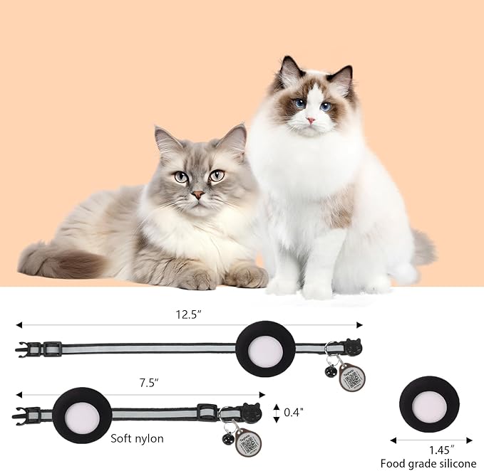 Airtag Cat Collar Breakaway With Apple Air Tag Holder, QR Code, Bell, ID Tag for Girl Boy Kitten - Reflective, Personalized Real-time Scan Alerts (Black)
