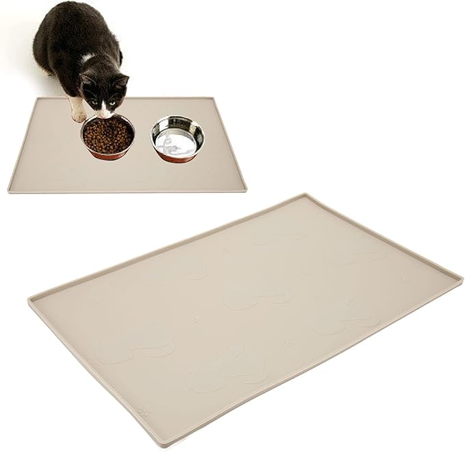Dog Feeding Mat, Waterproofed Cat Food Mats, Anti Slip Silicone Cat Dog Food Mat for Messy Drinkers to Protect Floors (Beige)