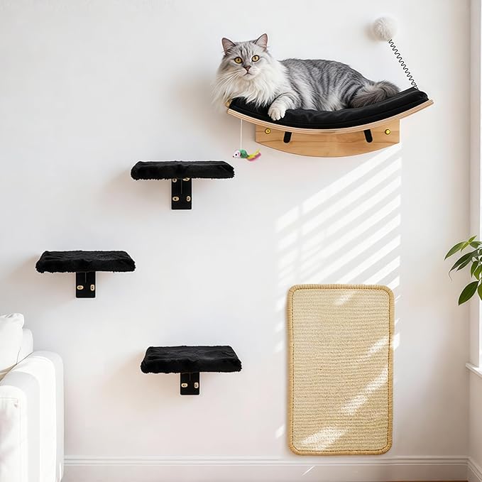 Cat Wall Shelves, 5 in 1 Cat Furniture Set with Soft Curved Pad，Modern Space-Saving Wall Mounted Shelves for Play & Rest