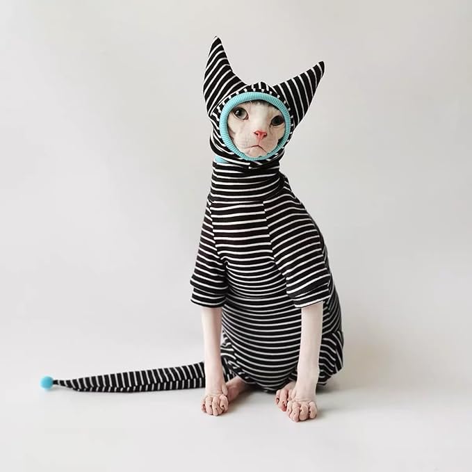 Sphynx Cat Clothes Black Stripe Breathable Shirts Suit, Pet Hat and Shirt Set (X-Small,1-2lbs)