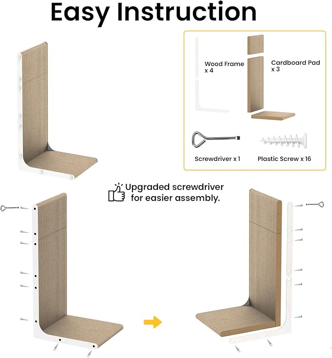 Conlun Cardboard Cat Scratcher, 23" L-Shaped Scratch Pad, Vertical Wall-Leaning Scratching Board to Protect Furniture for Indoor Cats, White