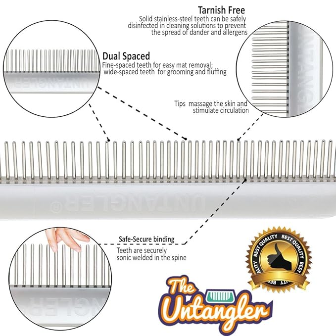 Cat Comb - 7" Dual-Spaced with Silky Smooth Rotating Teeth (White Sheen), Stainless Steel, for Cat Hair and Fur