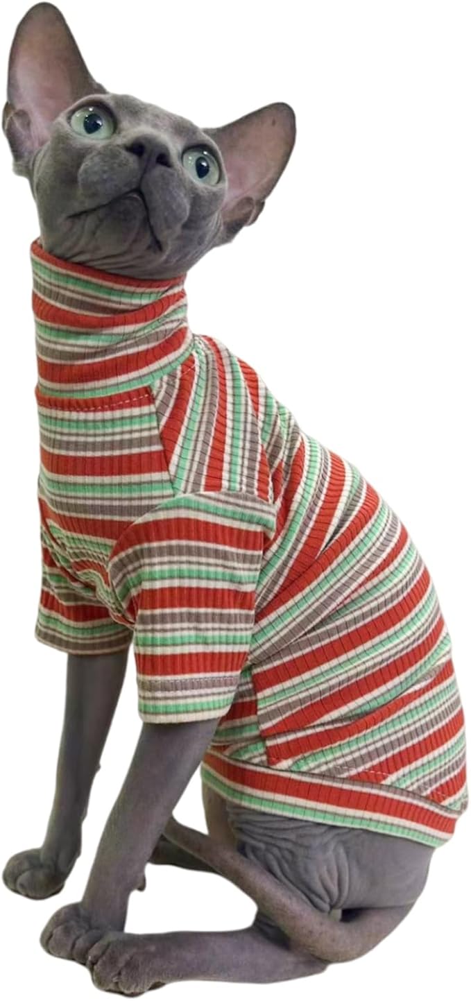 Turtle Neck Vintage Stripes Sphynx Hairless Cat Cotton T-Shirts Pet Clothes Vest Kitten Shirts Sleeveless, Cats & Small Dogs Apparel (Autumn, XL (9-12.5 lbs))
