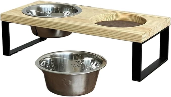 Cat Bowl Elevated Feeder Cats Food Water Dish Wooden Stand