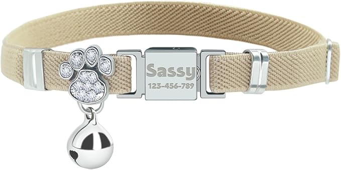Personalized Safety Elastic Cat Collars with Bell,Laser Customized Stretch Kitten Collars for Girls Boys Cats-Khaki