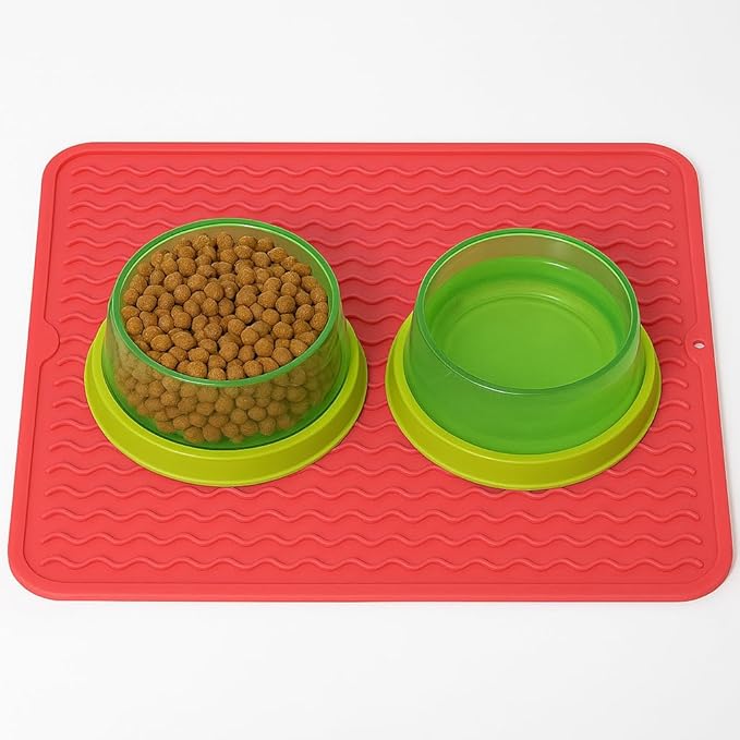 Silicone Pet Feeding Mat for Dogs, Cats, Small Animals, Non-Slip Waterproof Food and Water Mat with Raised Edge, BPA-Free Convenient Hook Storage by Dependable Industries (Red, 12 x 16 inch)