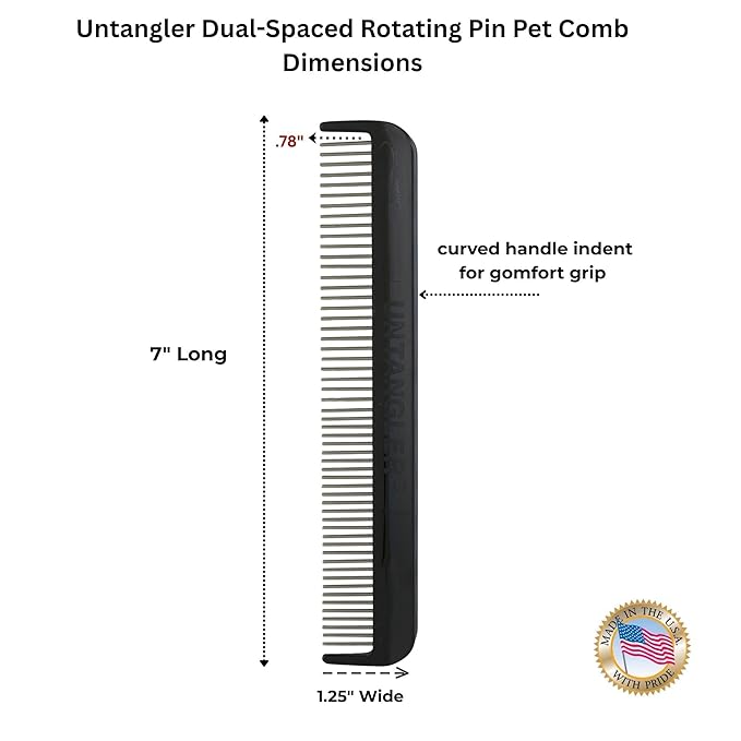 Cat Comb with silky smooth rotating teeth- clears mats gently and easily (5" has ultra fine spaced teeth; 7" dual-spaced teeth) (Onyx Black, 7")