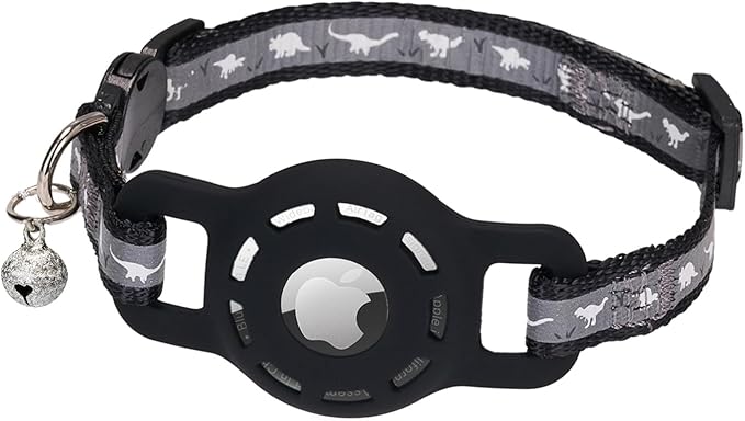 Reflective Cat Collar with Airtag Holder Breakaway Safety Airtag Kitten Collars with Bell for Male Female Boy Cats,Black