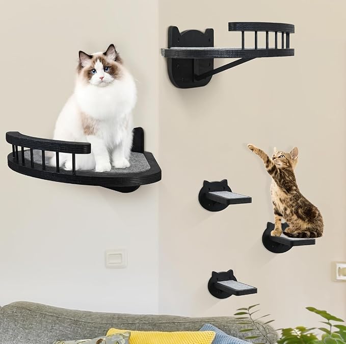 Cat Wall Shelves Furniture Set with Scratching Pad，Wooden Cat Climbing Wall Systems with 2 Perches and 3 Steps, Floating Shelves Bed Wall Mounted for Indoor Fit Up to 15Lbs (Black)