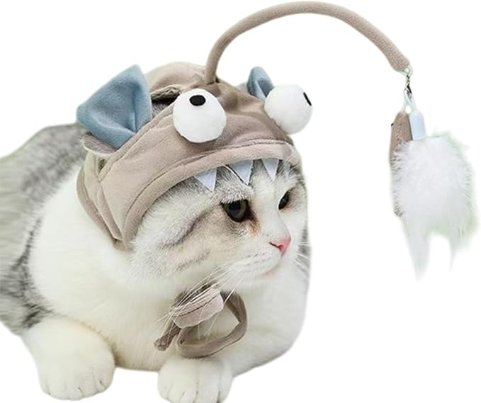 Cat Hat Toy Feather Wand Teaser Cat Toys (Grey)
