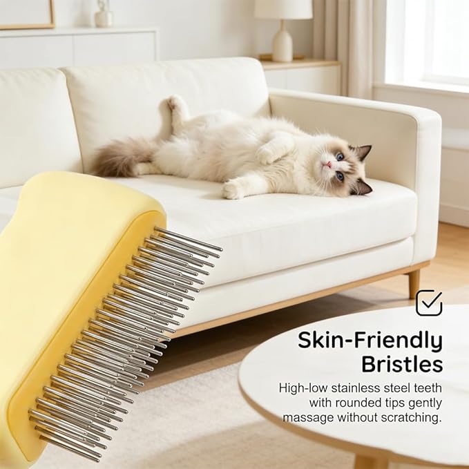 Cat Self Cleaning Pet Hair Removal Comb, Cat Grooming Brush With Long Short Stainless Steel Metal Teeth, Pet Grooming Brush For Home, Portable Cat And Dog Grooming Comb For Travel (Yellow)