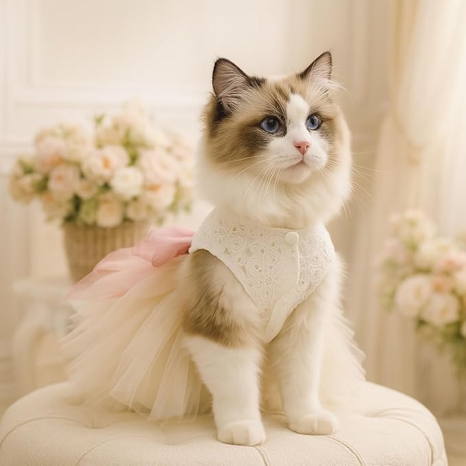 Dog and Cat Girl Bow Dress, White Dog D-Ring Wedding Dress with Pink Bow, Cat Birthday Set, Chihuahua York Pomeranian Cat Pet Party Dress (Pink Bow-Princess, X-Large)