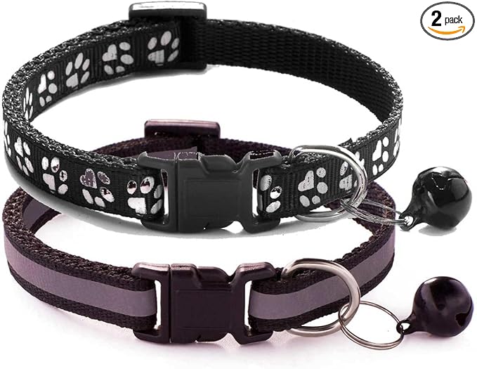 Cat Collar with Bell, 2-Pack Basic & Reflective XS Dog Cat Collar with Bells for XXS Xs Small Pet Dogs Boy Tiny Kitten Girls Animal,Neck 7-12 Inch (Black, Neck 7-12")