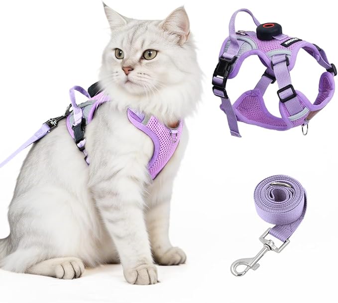Cat Harness and Leash Set with Tracker Holder, Upgraded Escape Proof Kitten Harness with Lead for Small Cats, Soft Mesh Puppy Jacket Vest for Outdoor Walking, Reflective & Adjustable, Purple, S