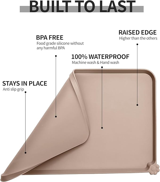 Reopet Waterproof Pet Feeding Mat, Non-Slip Silicone Placemats for Dog Cat Food and Water Bowl, High Raised Edges to Prevent Spills and Protect Floors