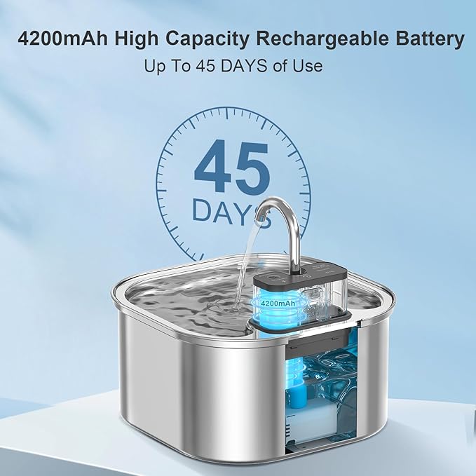 Cat Water Fountain Wireless,Stainless Steel-Rechargeable- Battery Operated Cat Water Fountain,108oz/ 3.2l Automatic Cordless Pet Fountain,Pet Fountain with 4200 Mah Battery