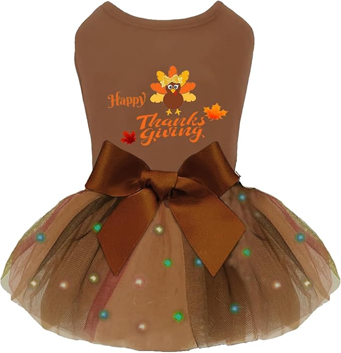 Dog Thanksgiving Outfit for Small Dogs Girl, Puppy Turkey Tulle Dress, LED Light Dog Clothes, Happy Holiday Lightweight Puppy Tutu Dress, Pet Costume Appeal, Brown, L