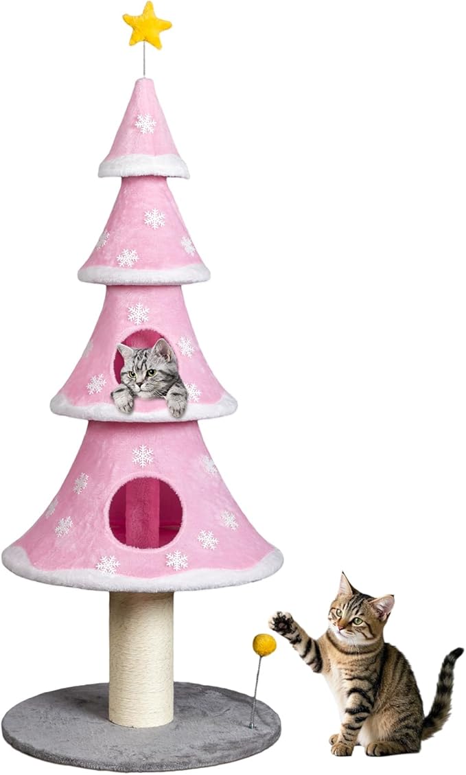 VINGLI 59in Pink Christmas Tree Cat Tower for Indoor Cats - Multi-Level Cat Tree with 2 Condos, Fleece Platforms, Sisal Scratching Post & Dangling Toy, Wide Stable Base for Adult Cats & Kittens