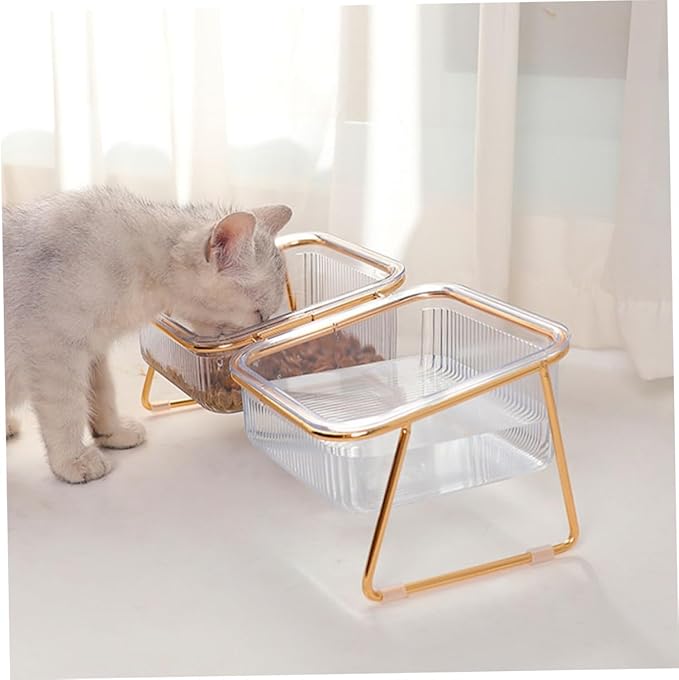 Elevated Double Raised Cat Bowl with Metal Stand Tilted Design for Neck Protection, High Foot Pet Feeder for Cats and Small Dogs, Easy-Clean Feeding and Watering Dish