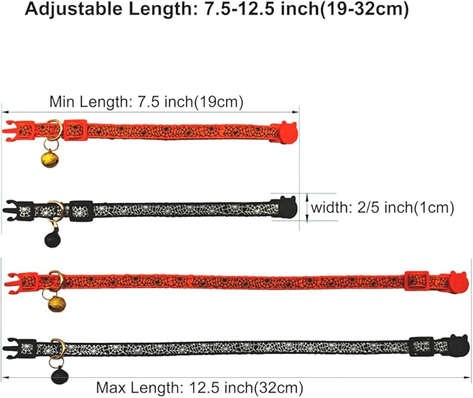 2 Pack Halloween Breakaway Cat Collars, with Spider Web Design, Safety Buckle & Removable Bell of Kitten Collars, Adjustable from 7.5 to 12.5 Inches(Orange & Black)
