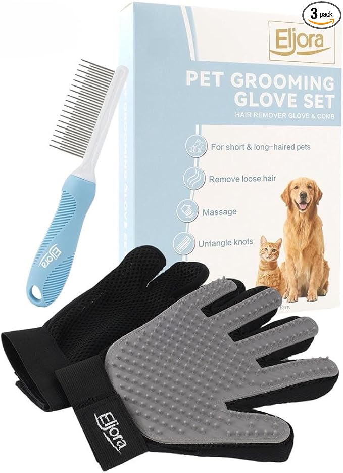Pet Grooming Glove (Pair) & Dematting Comb Set – Anti-Slip Handle Deshedding Comb+ Gentle Massage Gloves for Dogs & Cats – Removes Loose Hair, Mats & Tangles – Safe, Effective Grooming