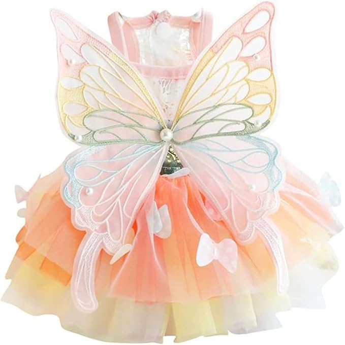 Butterfly Fairy Dog Dress with Wings, Rainbow Tulle Tutu Costume for Small Dogs Cats Rabbits, Adjustable Princess Pet Outfit for Halloween Christmas Easter Birthday (Colorful-Butterfly, Small)