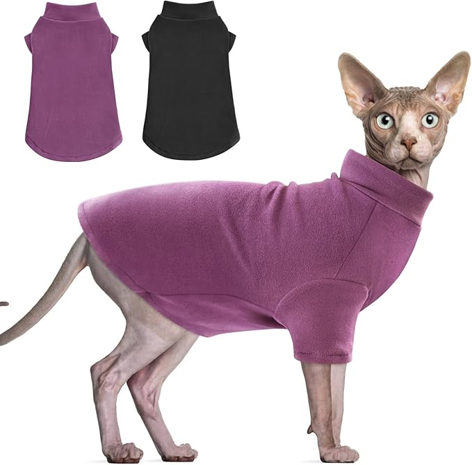 Idepet Sphynx Cats Sweater 2 Pack,Turtleneck Hairless Cat Shirt Soft and Warm Kitten Clothes with Sleeves Pullover Pet Winter Pajamas Jumpsuit for Cat Puppy (Black&Purple, XX-Large)