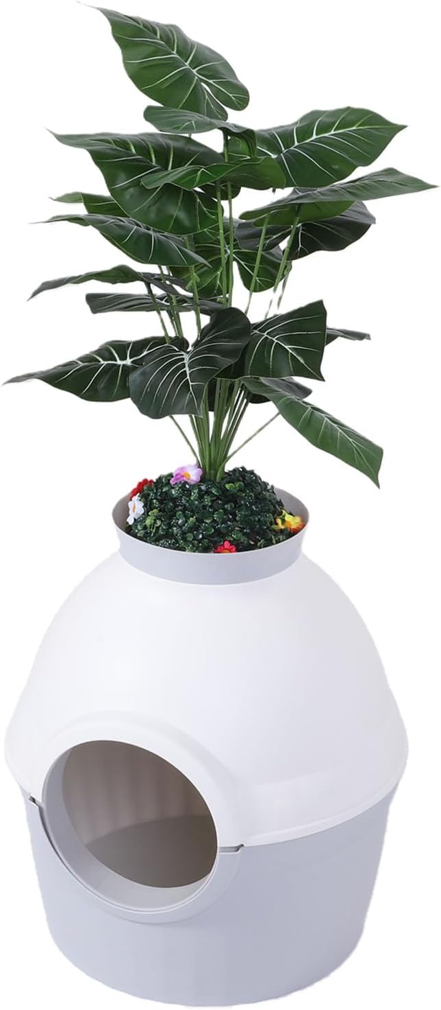 Hidden Litter Box Plant Enclosure, Extra Large Splash Proof Cat Litter Box Enclosed Semi Enclosed Structure Decorative Hidden Pet Bathroom with Plastic Plant & Scoop