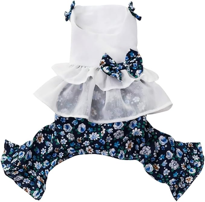 Vintage Floral Bowknot Sleeveless Romper for Small Dogs Cats Rabbits, Breathable Cotton Ruffle Flared Pants, Teacup to Small-Medium Pets for Walk Photo Vacation (Blue-Floral, X-Small)