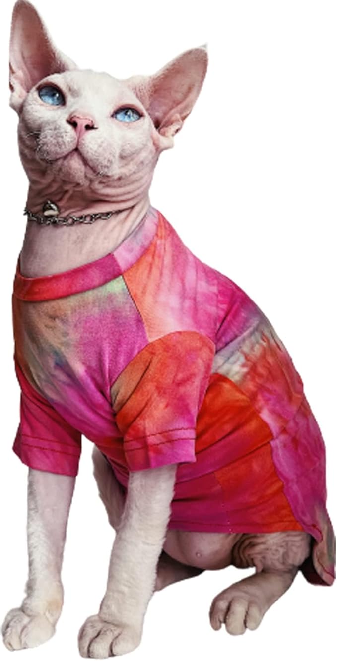 QBLEEV Sphynx Cat Clothes, Hairless Cats Rainbow Rendering T-Shirt for Spring Summer Autumn, Breathable Cat Wear Clothes Vest Shirts for Sphynx, Cornish Rex, Devon Rex, Peterbald