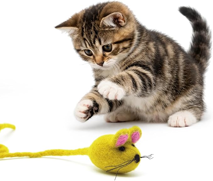 Glaciart One Felt Mouse Cat Toy – Soft Fuzzy Enrichment 100% Natural Wool - Interactive Catnip Play Cat Toy Set - Safe for Pets, Non-AZO Colored Dyes - 42” Long