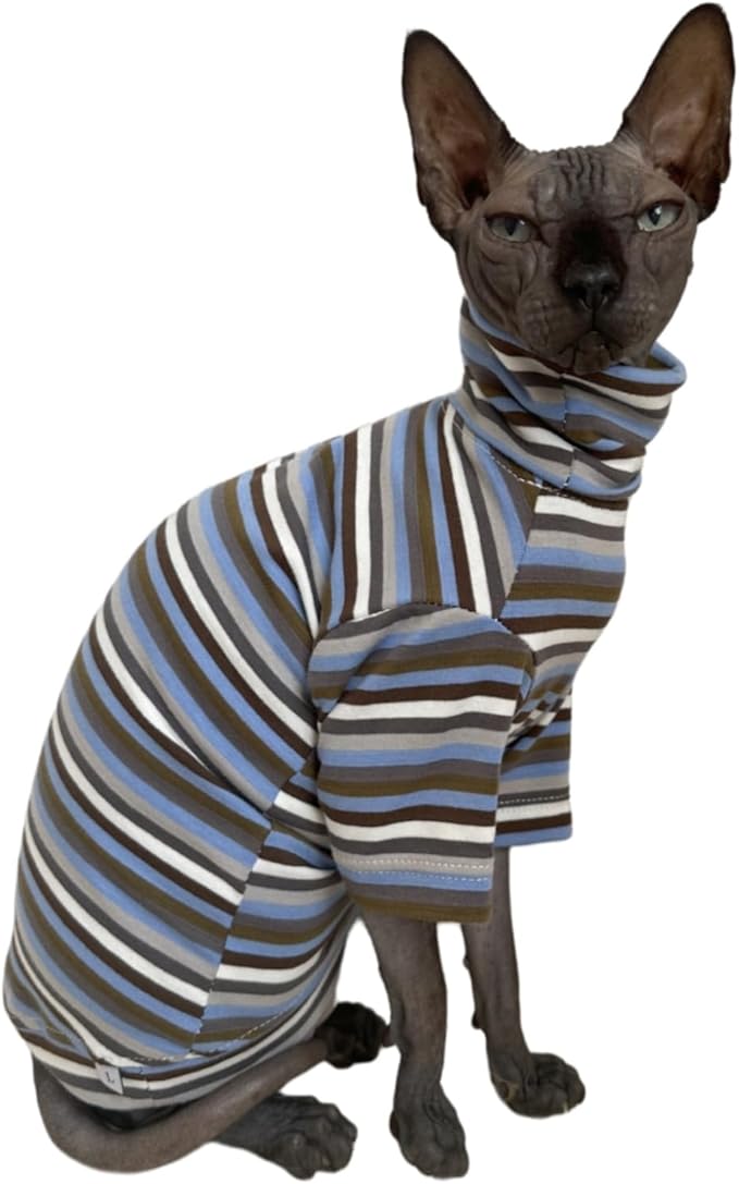 Vintage Stripes Sphynx Hairless Cats Shirt Cotton Cat Turtleneck Pet Clothes Kitten T-Shirts with Sleeves for Sphynx Cats (Storm, X-Large)