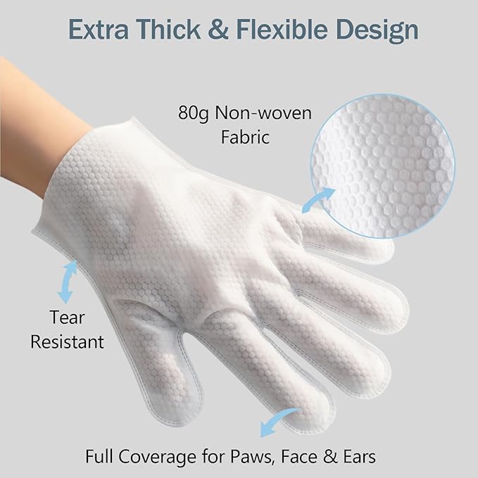 Pet Cleaning Gloves (6 Count) | Extra Thick Disposable Grooming Gloves with Aloe & Jojoba Oil, Waterless No-Rinse Odor Control, Lick-Safe Five-Finger Design for Cats & Dogs