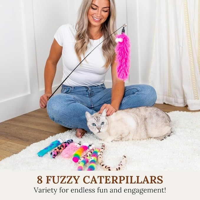 Cat Toys Set Cat Toy Wand Fishing Pole Retractable Teaser & Fuzzy Worm Interactive Kitten Toys Wand Attachments