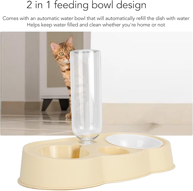 Double Pet Bowl Set, Non - Slip Stable 2-in-1 Food & Water Bowl with Automatic Water Dispenser Bottle, Feeding Station for Cats, Small Dogs and Mini Pets (Yellow)