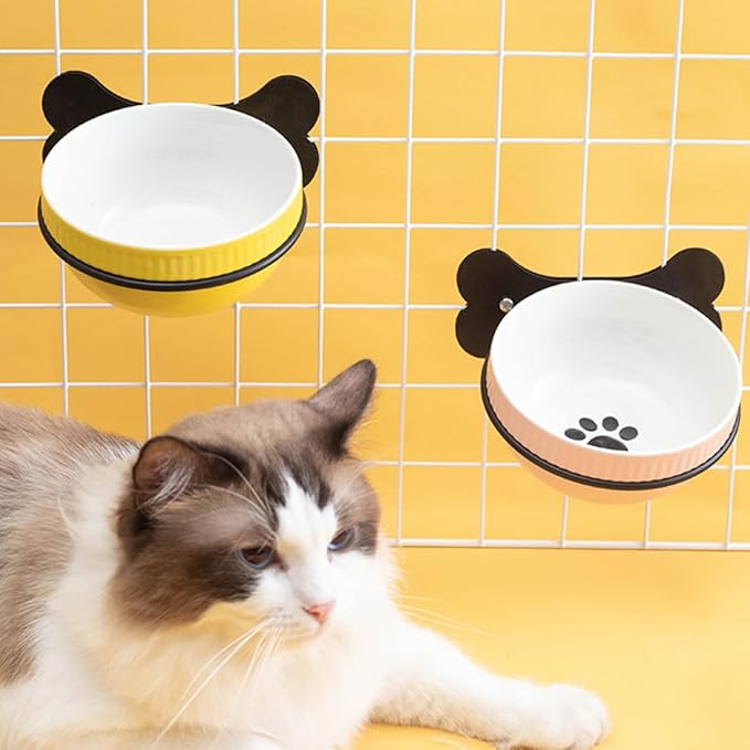 COHEALI Hanging Ceramic Cat and Puppy Bowl Set with Iron Stand, Tilted Non-Spill Design, Decorative Yellow Fishbone Pattern, Suitable for Indoor Pet Feeding and Watering
