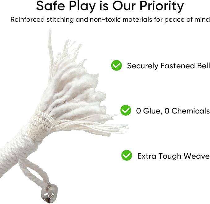 4 Pack Interactive Cat Chew Rope Toys - Durable Hand-Woven Cotton Teaser Sticks with Jingle Bells - Safe Teeth Cleaning & Teething Toys for Indoor Cats, Kittens, and Aggressive Chewers