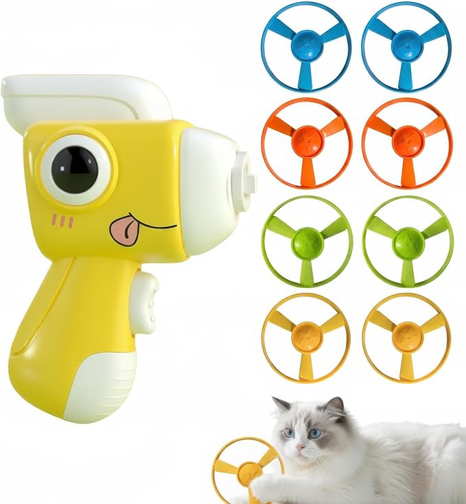 Interactive Cat Toy Fetch Launcher | Includes 8 Soft Discs for Indoor Cats | One-Press Easy Launch Cat Hunting Toy to Relieve Boredom | Ideal for Kittens and Adult Cats, Yellow