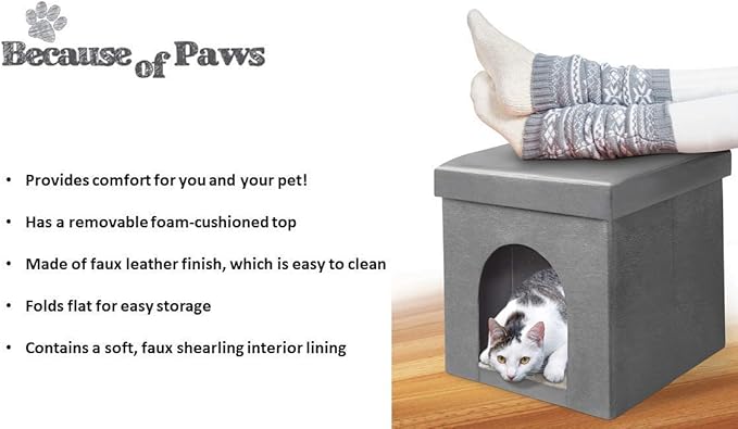 Collapsible 2-in-1 Faux Leather Pet Ottoman Foot Stool with Fleece Interior Cushion (15", Taupe) - Cube/Indoor House - Pet Cave Bed Tunnel Hideaway for Small to Medium Cats and Dogs