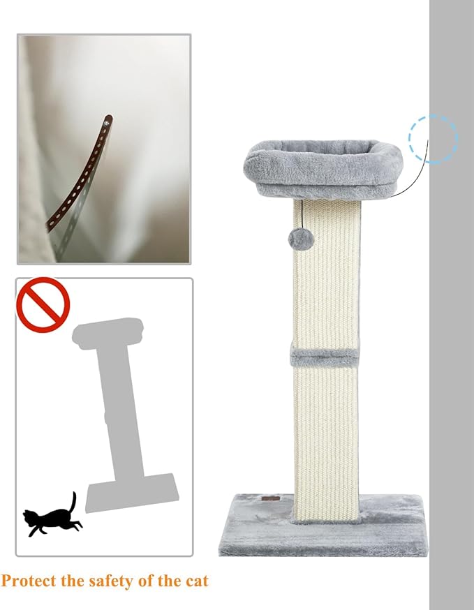 Karolpar 32" Cat Scratching Post for Indoor Cats, Sisal Cat Scratcher with Plush Perch, Large Scratch Post with Bed, Removable Cover, Sisal Fabric,Light Grey