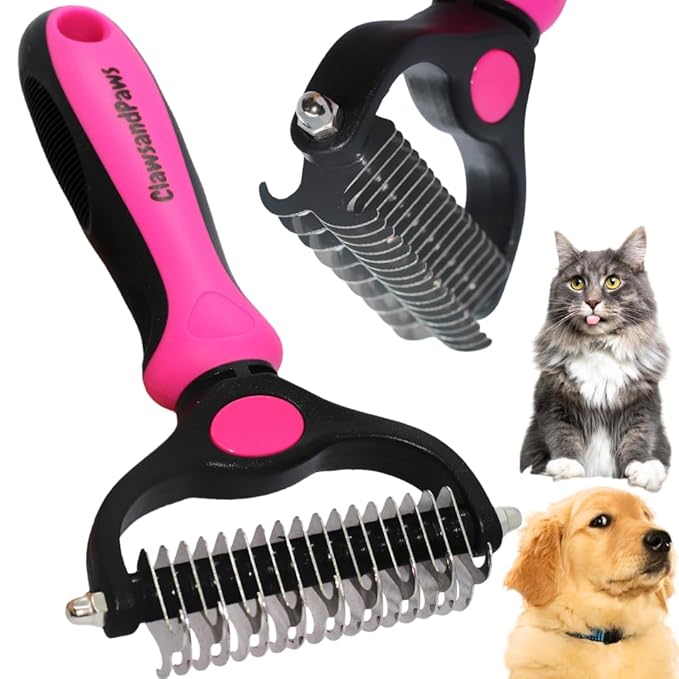 ClawsandPaws Professional Pet Grooming Brush, Shedding & Dematting Brush for Short/Medium/Long Haired Cats/Dogs, Undercoat Rake, Deshedding Tool, Dog Brush, Dematting Comb, Pink