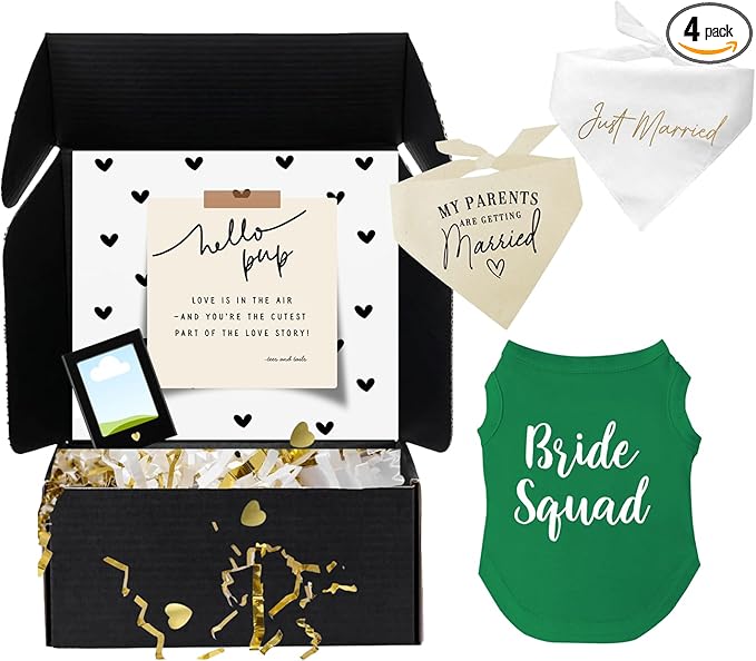 Dog Bridal Wedding Gift Box – 2 Cotton Bandanas (My Parents are Getting Married, Just Married) 1 Bride Squad Dog Tee & Magnetic Photo Frame 2.5" x3,5|Green, 5X-Large 40